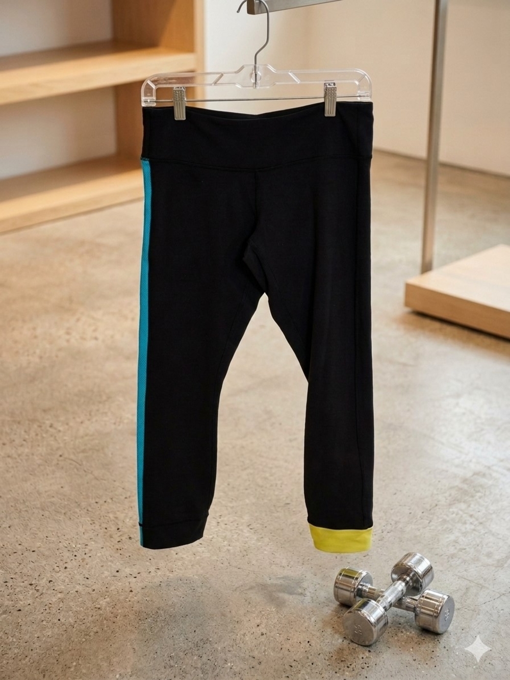 Lululemon Amped Crop Colorblock Leggings Black Blue Stripe Yellow Cuff